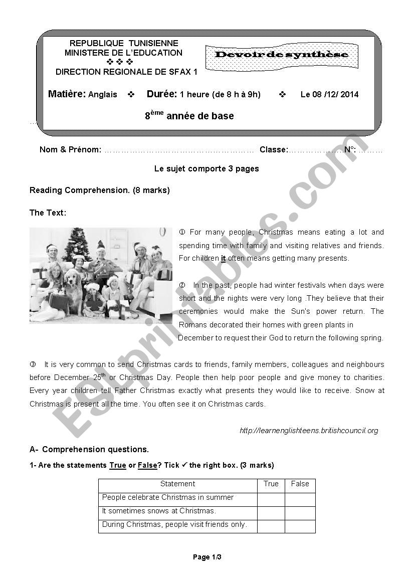 End - of - term test 1 8th forms  (Tech)  ( Tunisian Schools ) 