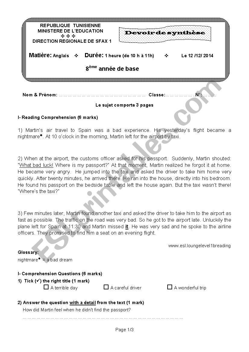 End - of - term test 1 8th forms   ( Tunisian Schools ) 