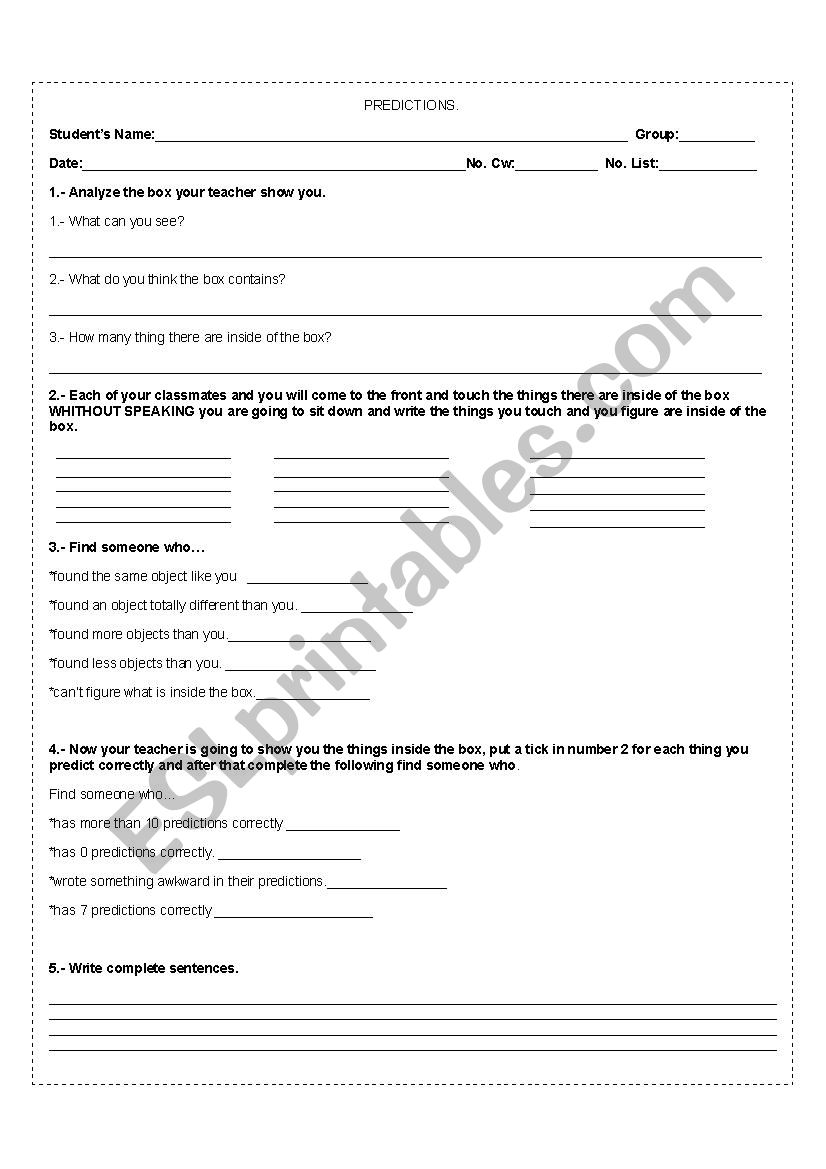 Predictions worksheet