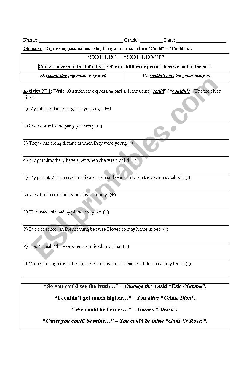 Could - Couldnt exercises worksheet