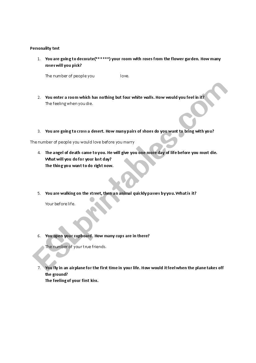Personality Test  worksheet
