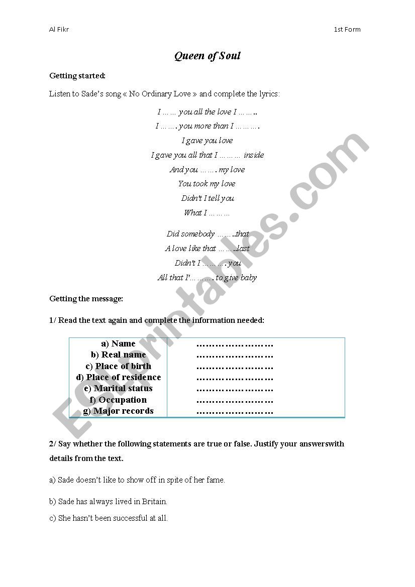 queen of soul  worksheet