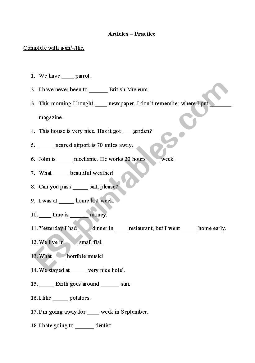 Article practice worksheet