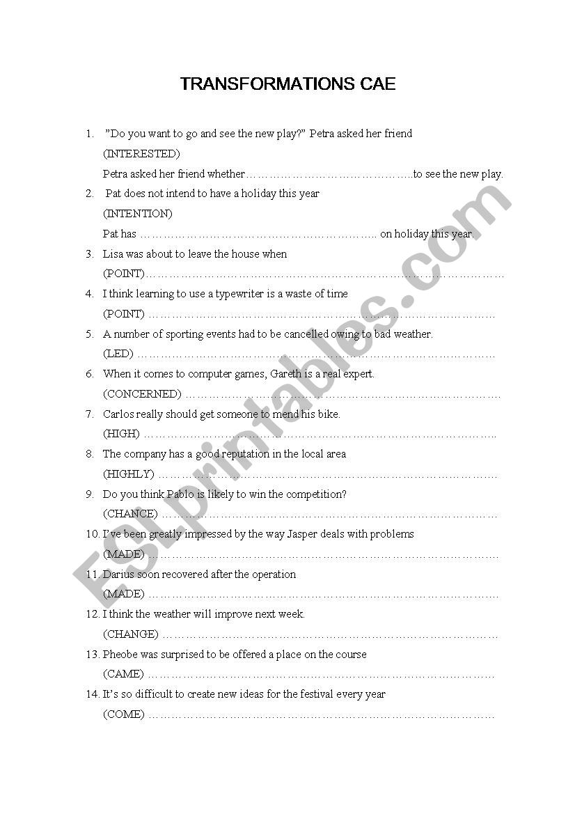 Transformations CAE worksheet