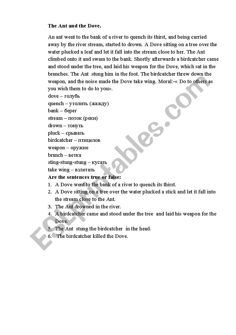 The Ant and the Dove fables worksheet