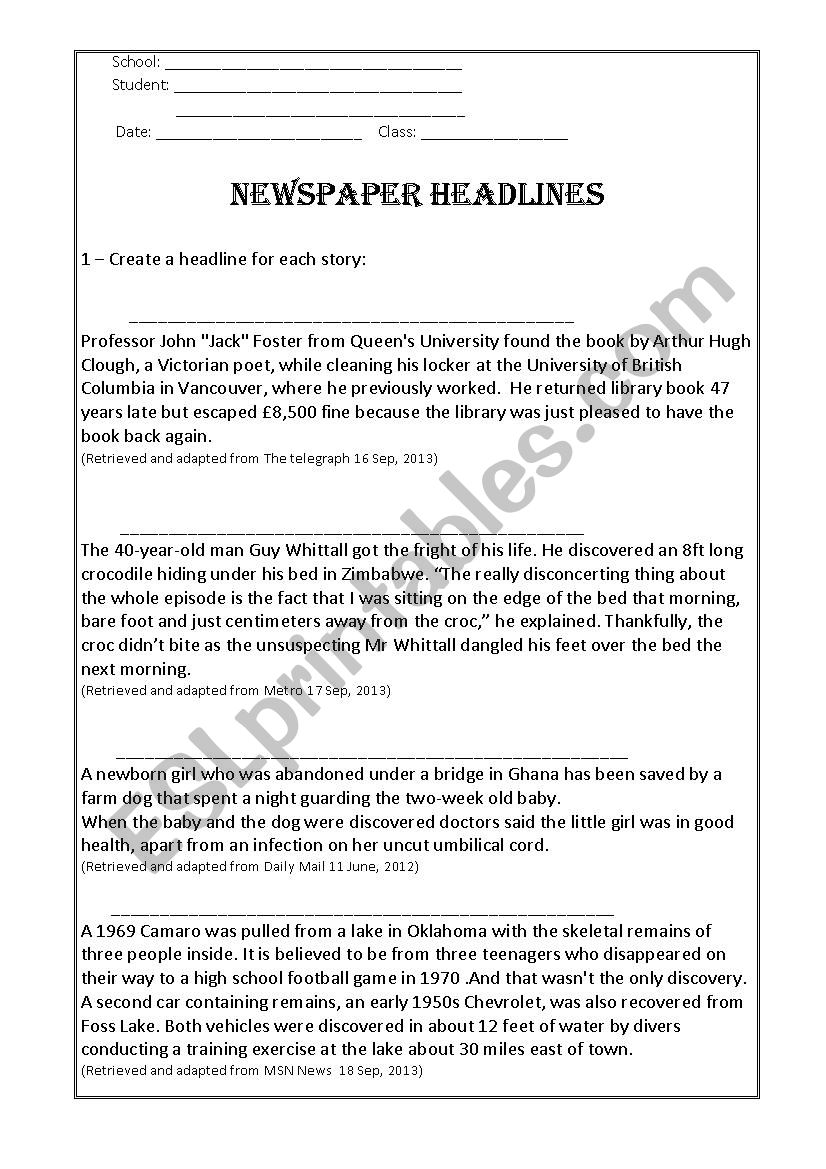 Newspaper headline worksheet