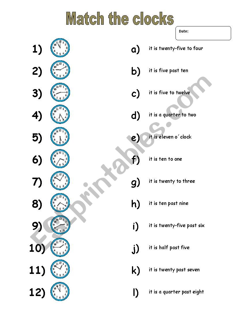 Match the clocks worksheet