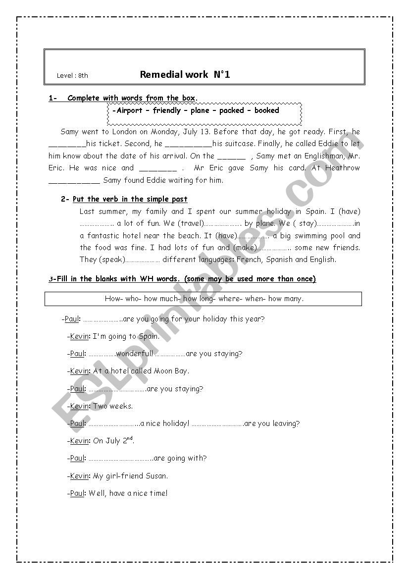 Remedial Work 8th form worksheet