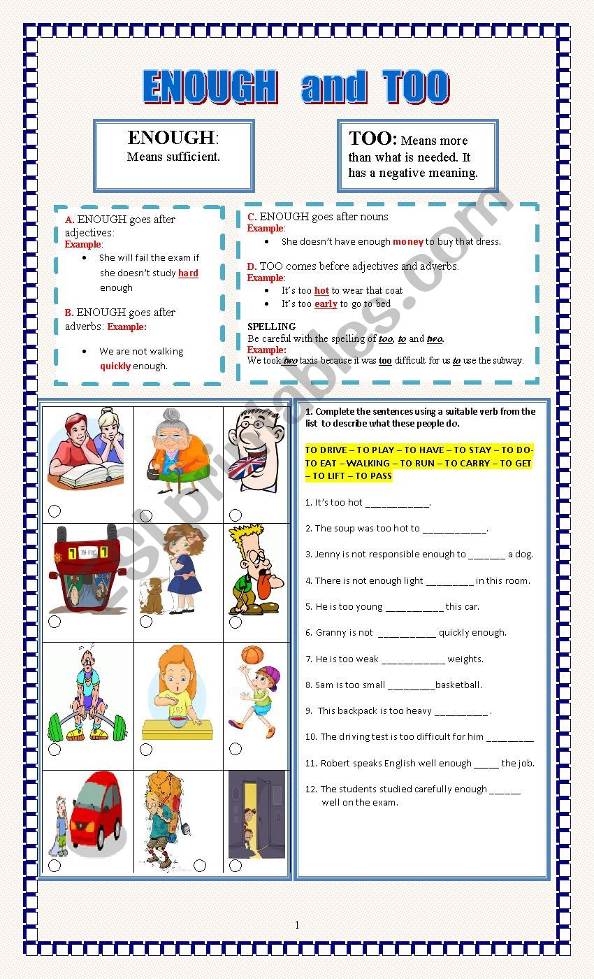 ENOUGH and TOO worksheet