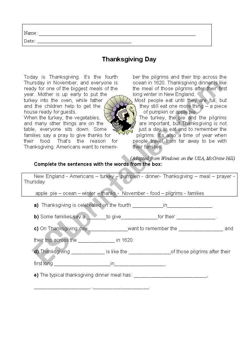 Thanksgiving history worksheet