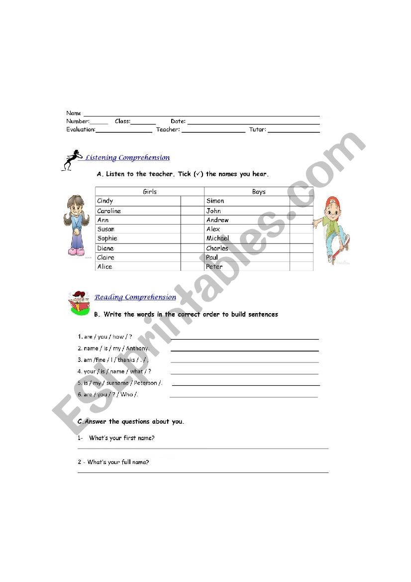 Personal Information worksheet