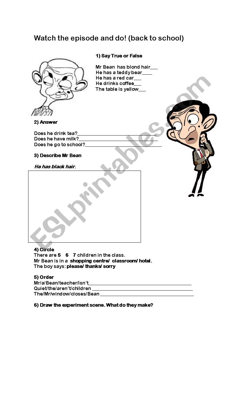 Mr Bean cartoons worksheet