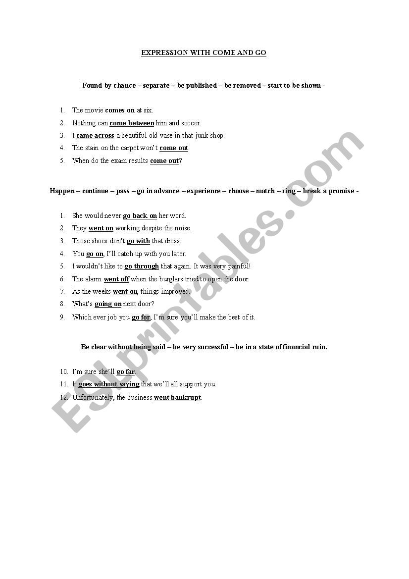 Expressions with come and go worksheet