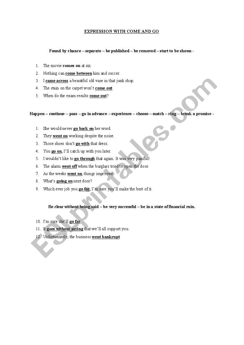 Expressions with come and go worksheet
