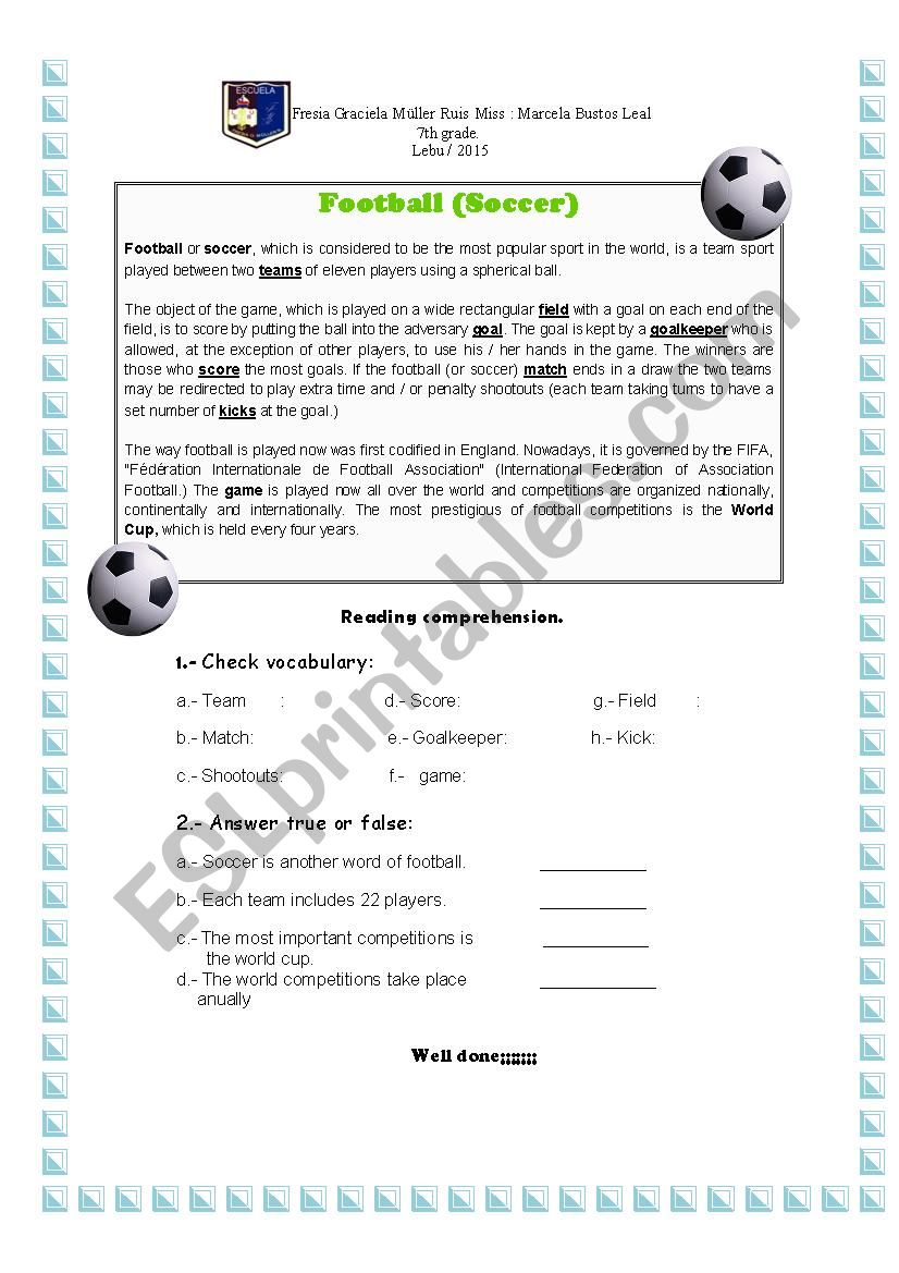 football match worksheet