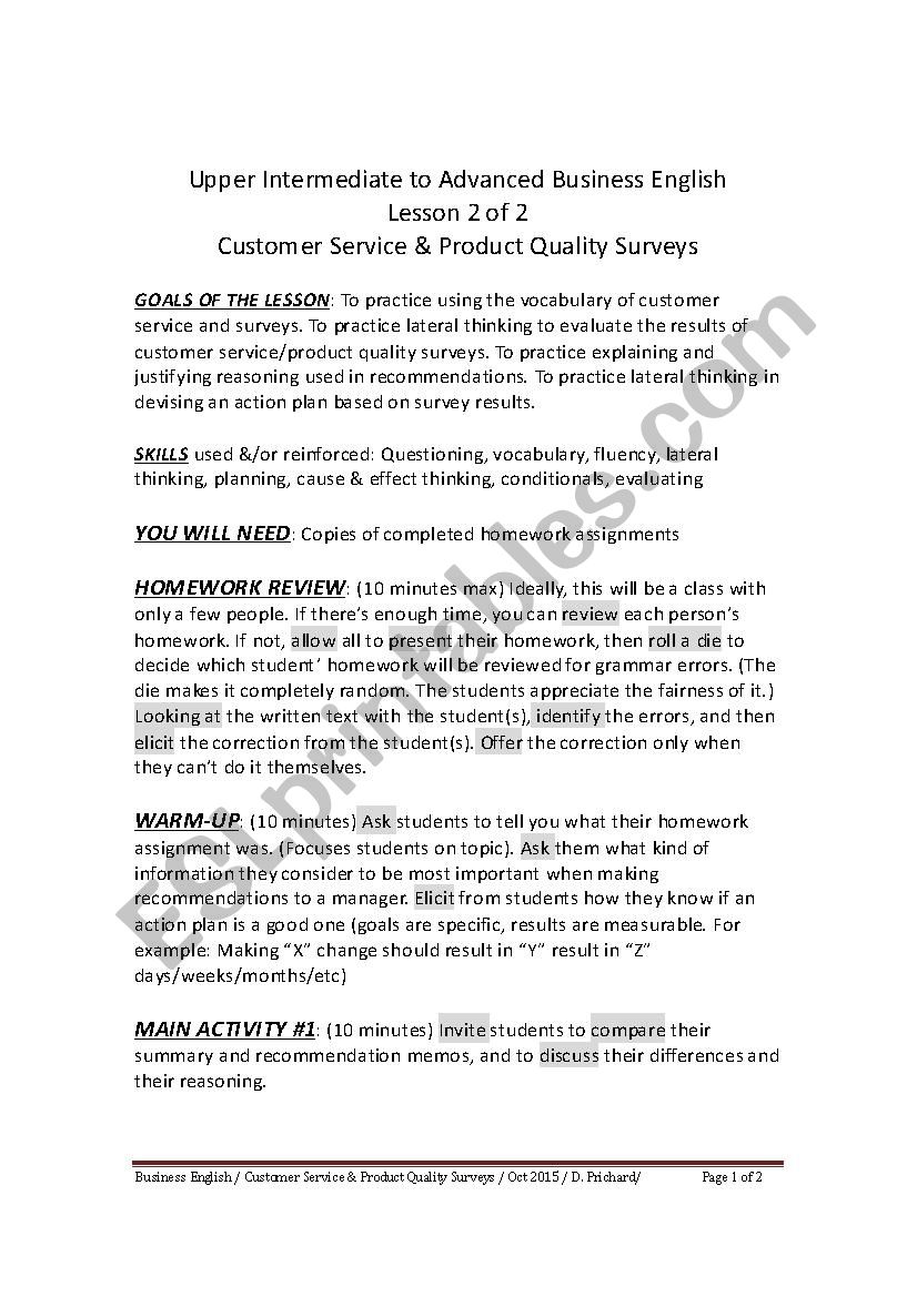 UPPER INTERMEDIATE TO ADVANCED BUSINESS ENGLISH - CUSTOMER SERVICE/PRODUCT QUALITY SURVEYS