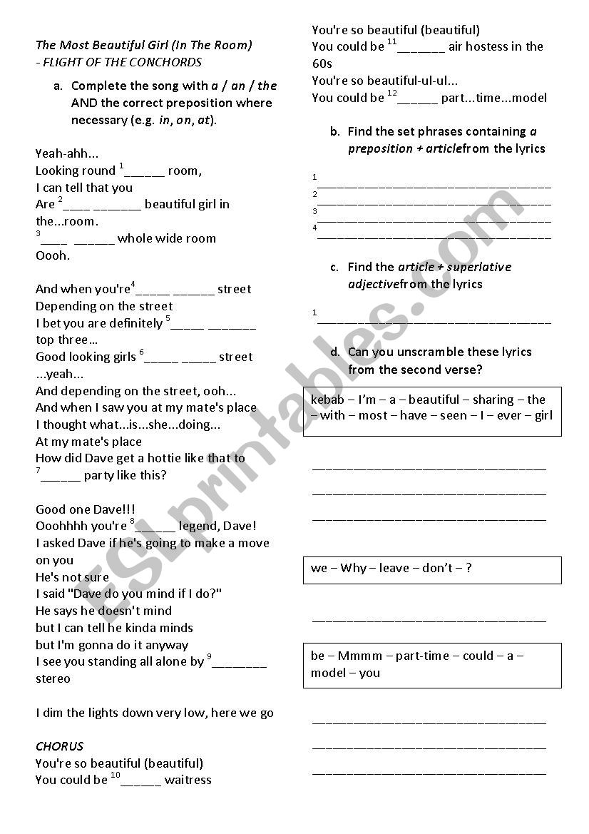 Song Worksheet The Most Beautiful Girl In The Room By