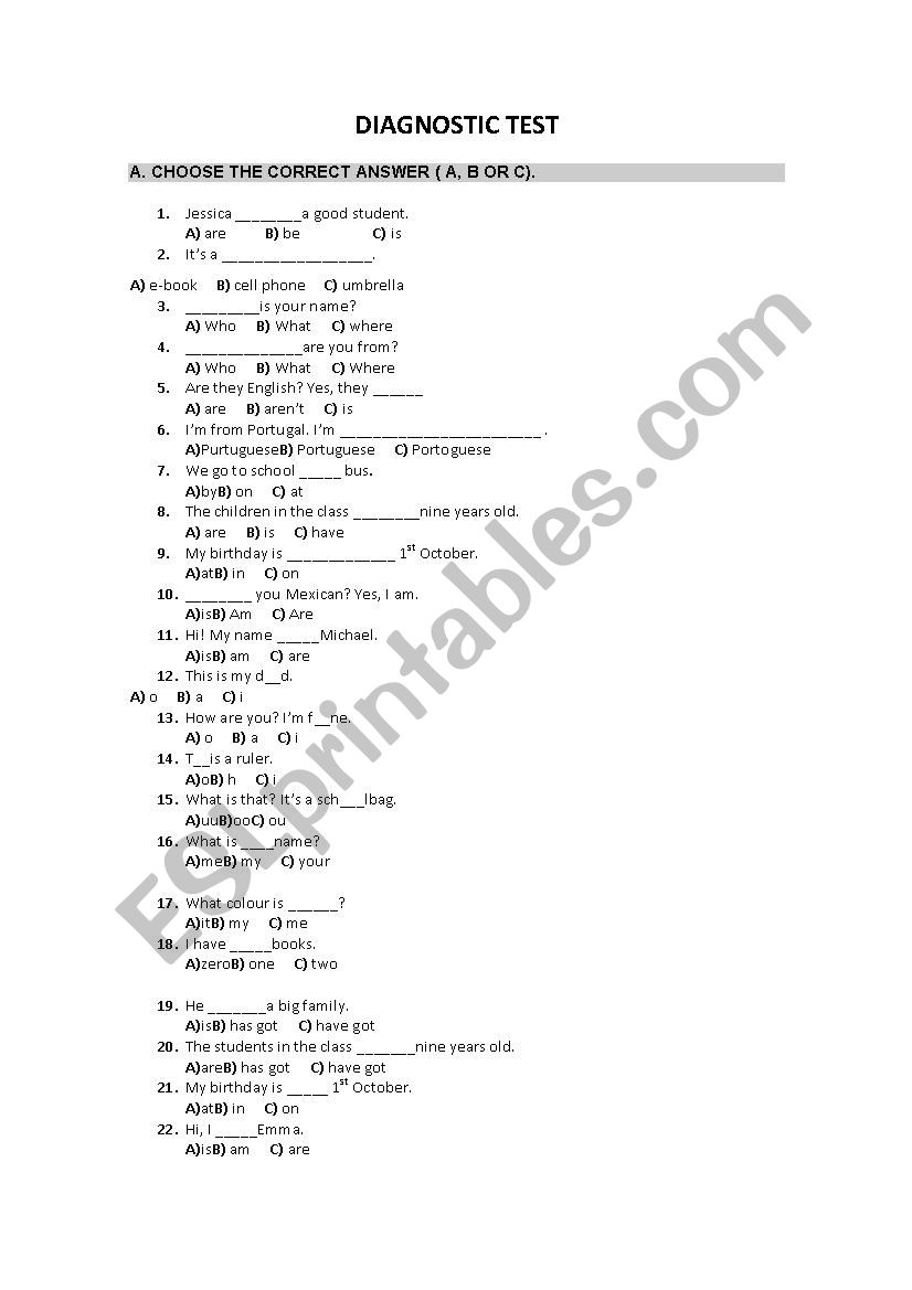 diagnostic test worksheet