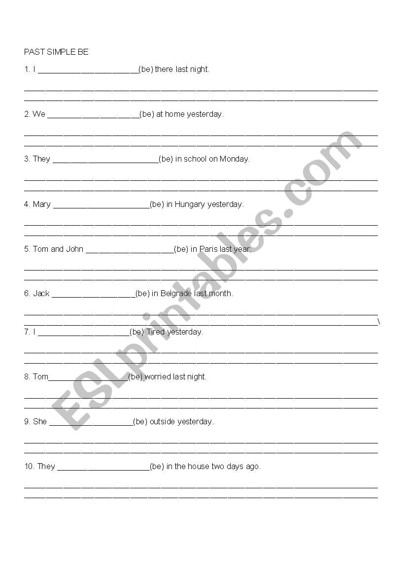 Past Simple verb BE worksheet