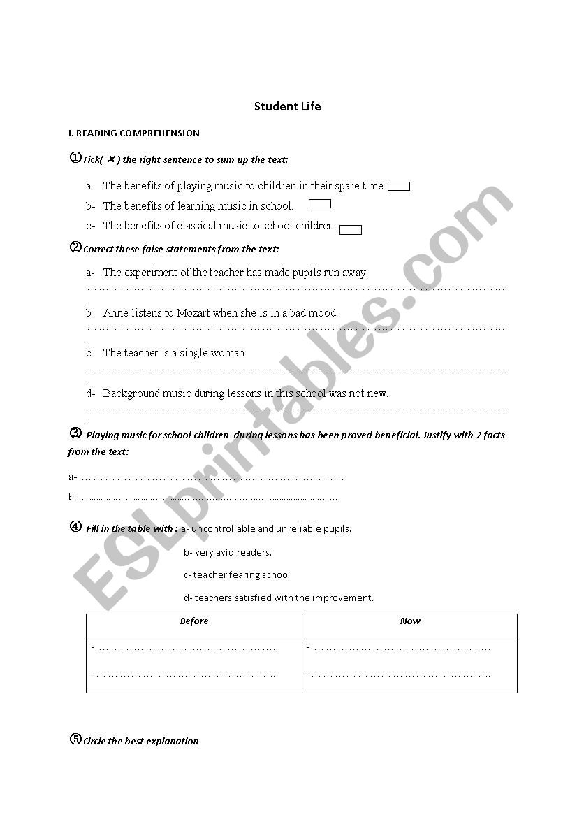 student life worksheet