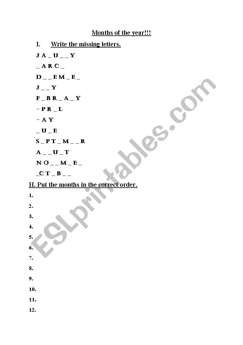 Months. worksheet