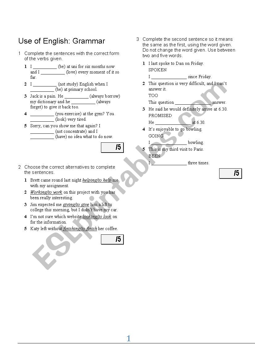 advanced exercises worksheet