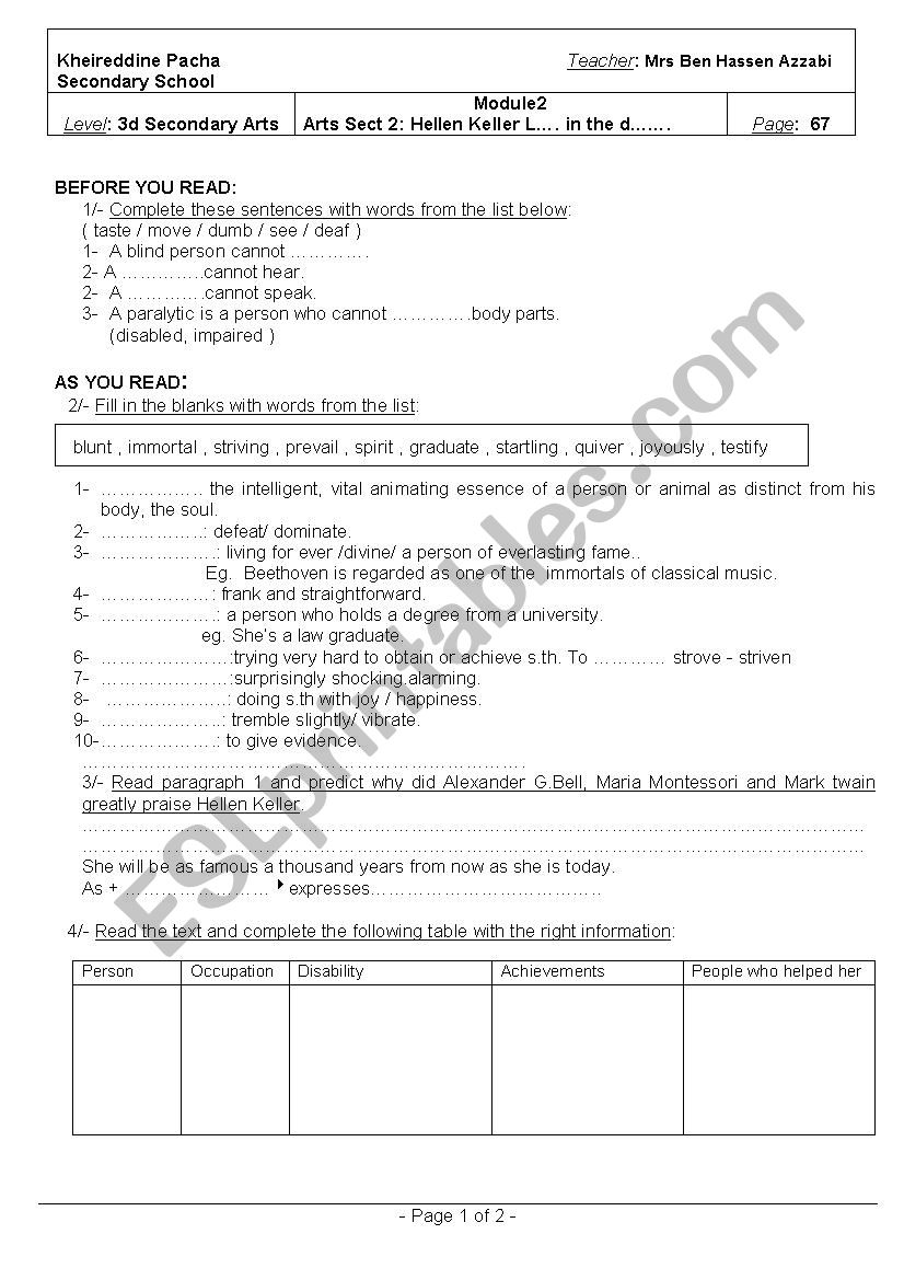 3rd form Module2 arts section2Helen Keller Light in The Darkness