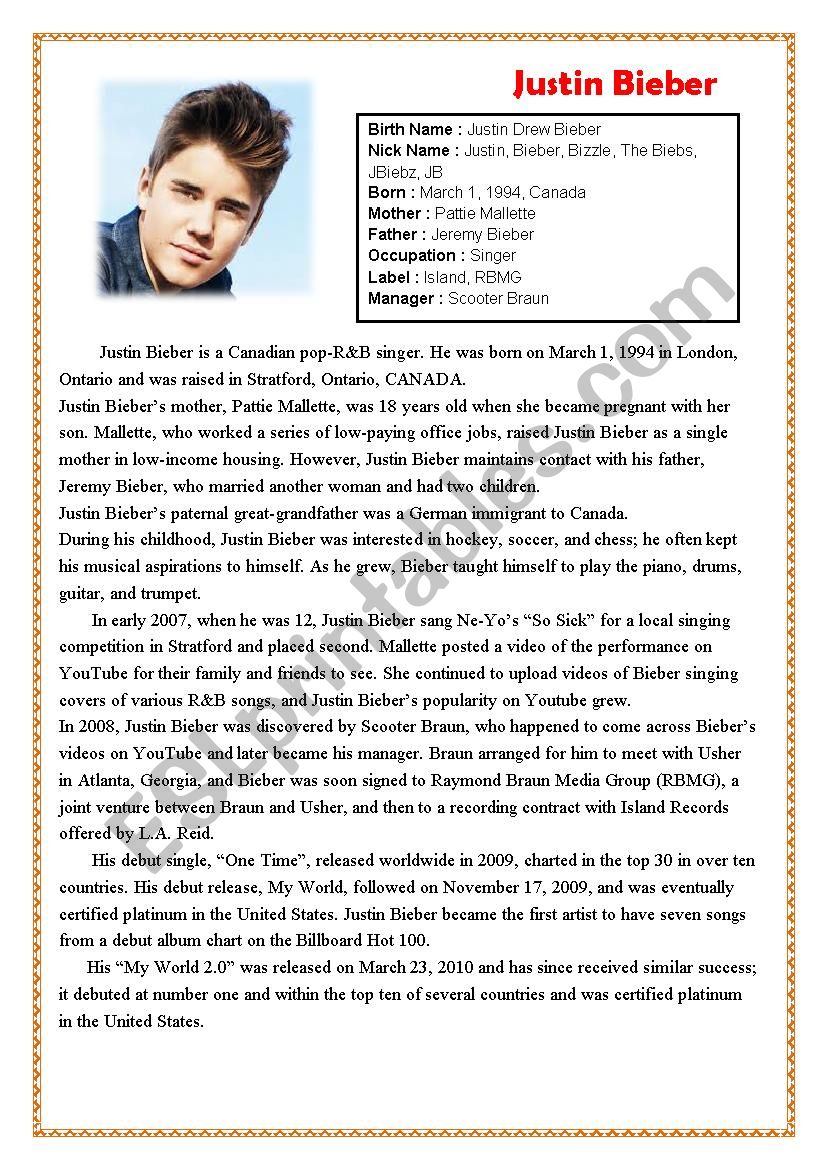 justin bieber biography worksheet