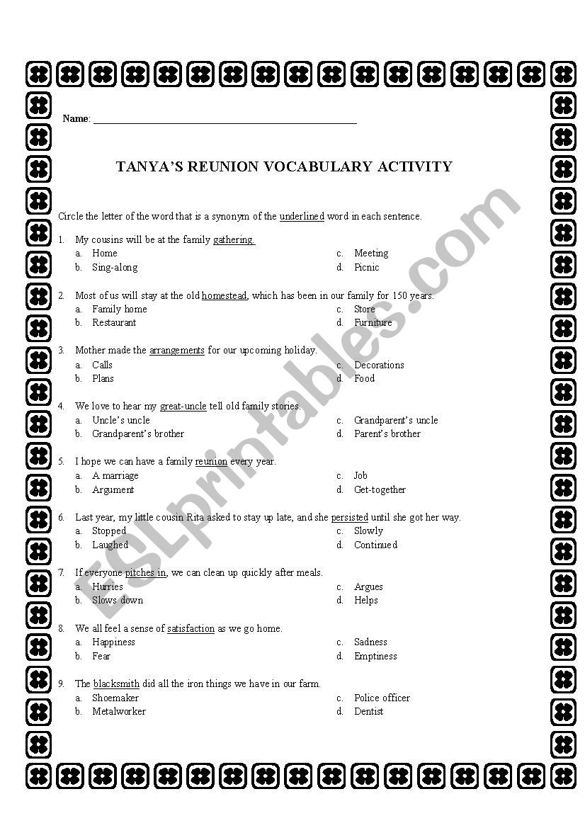 TANYAS REUNION VOCABULARY ACTIVITY