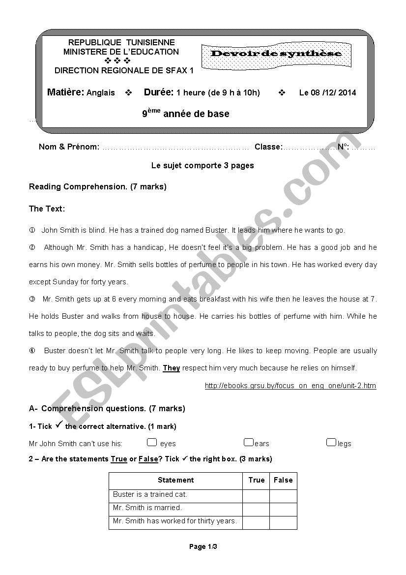 End - of - term test 1 9th forms ( Tech ) ( Tunisian Schools )