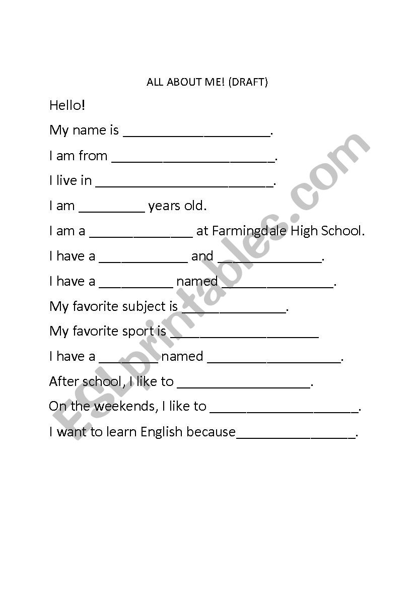 All about me Selfie worksheet