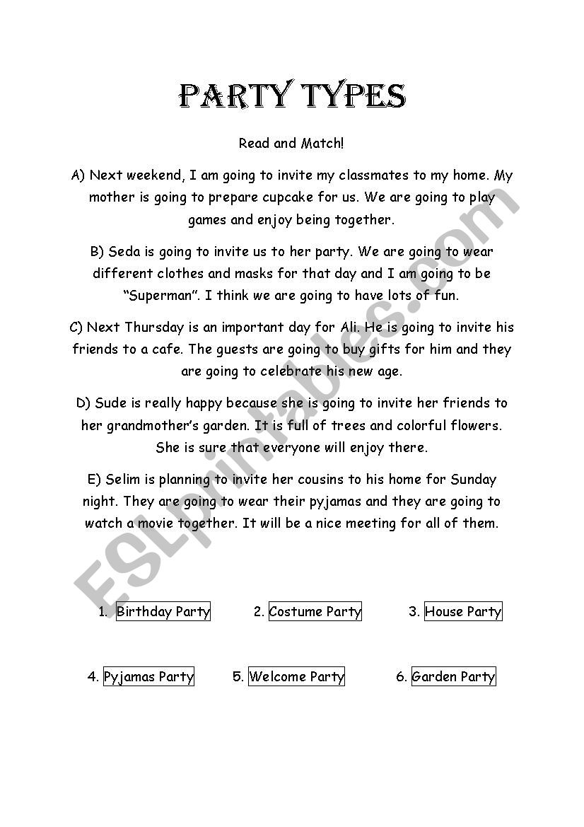 Party Types worksheet