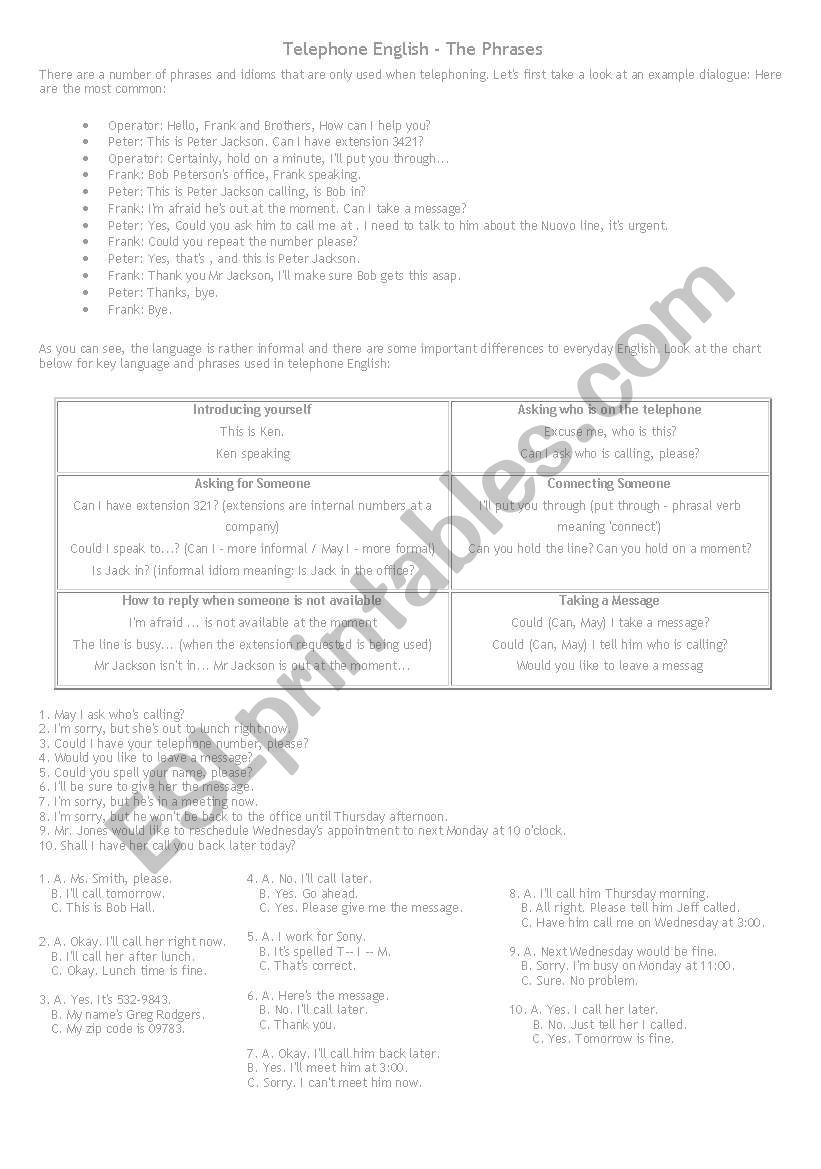 telephone conversation worksheet