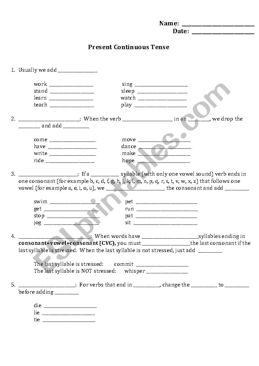 Present Continuous Rules/fill in the blanks