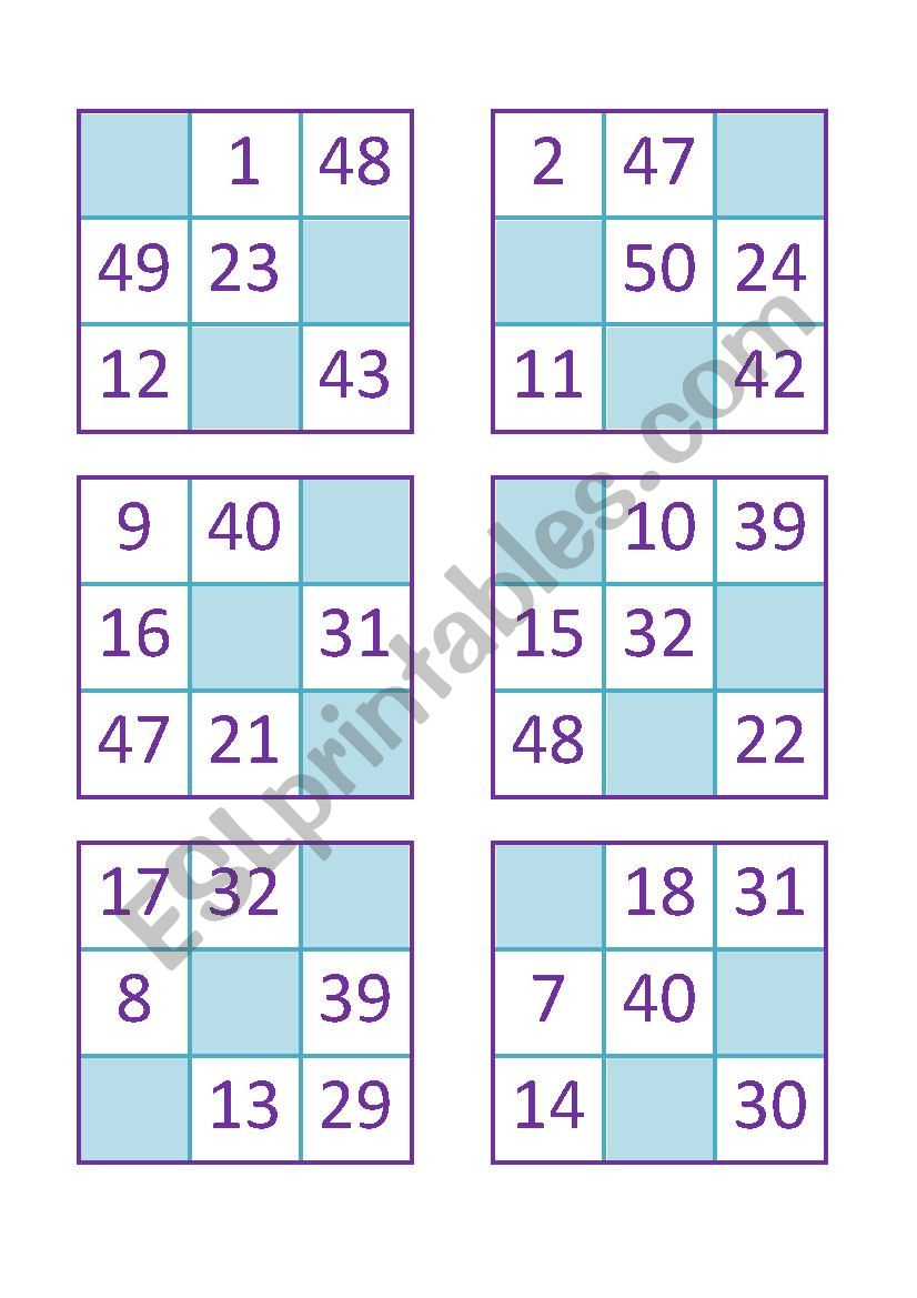 Bingo of Numbers from 1 to 50 worksheet
