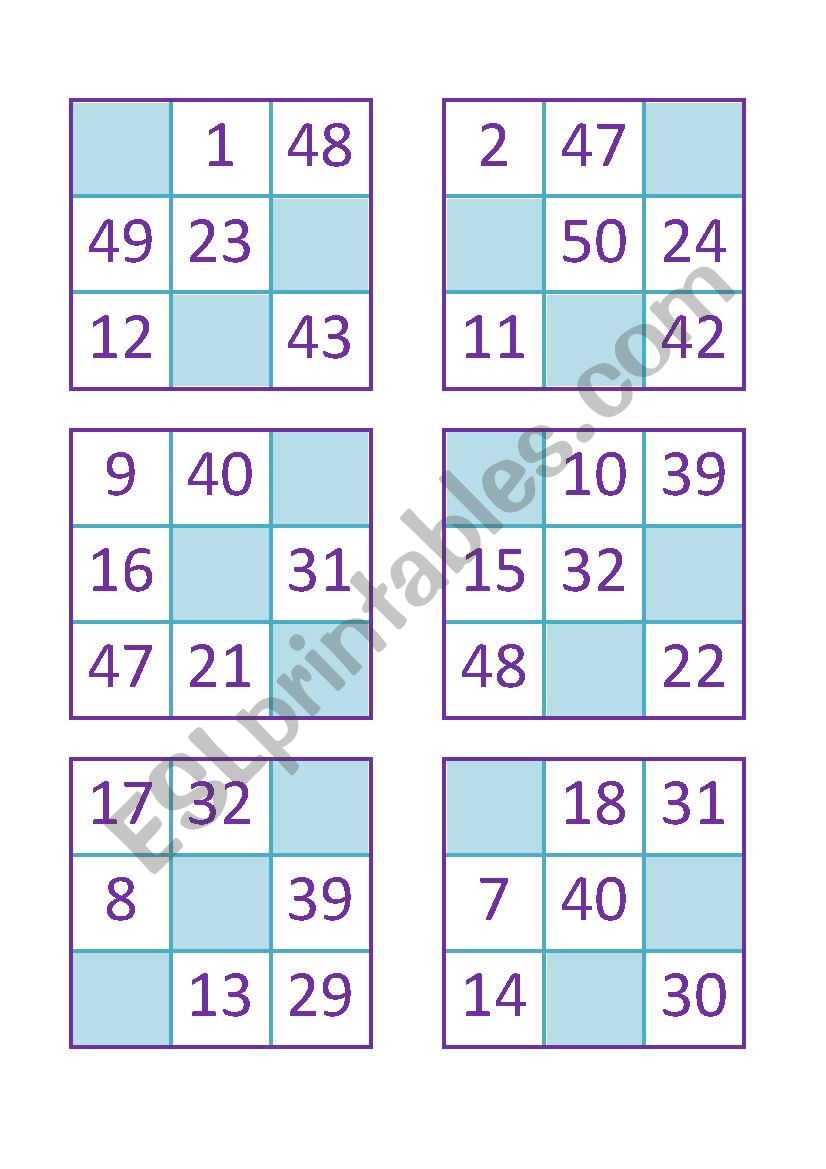 Bingo Of Numbers From 1 To 50 Esl Worksheet By Azanatos