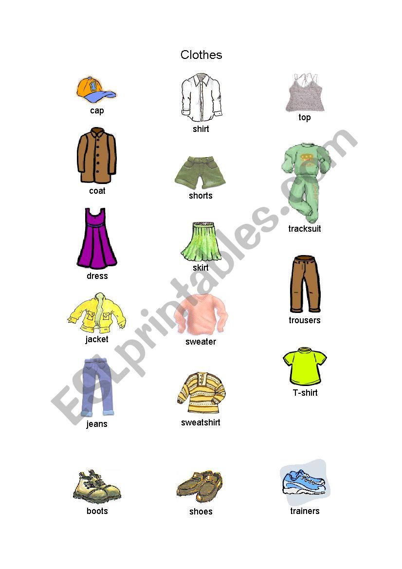 Clothes picture dictionary worksheet