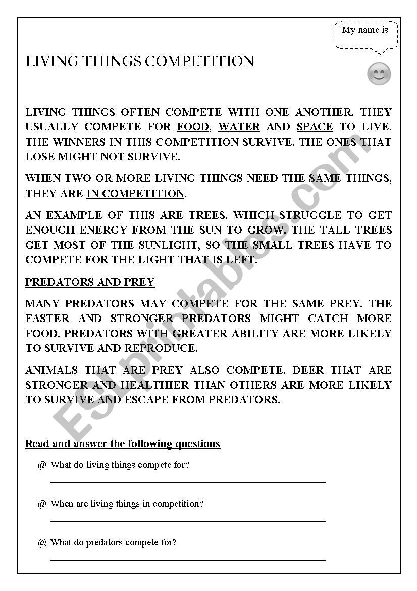 Living things Competition worksheet