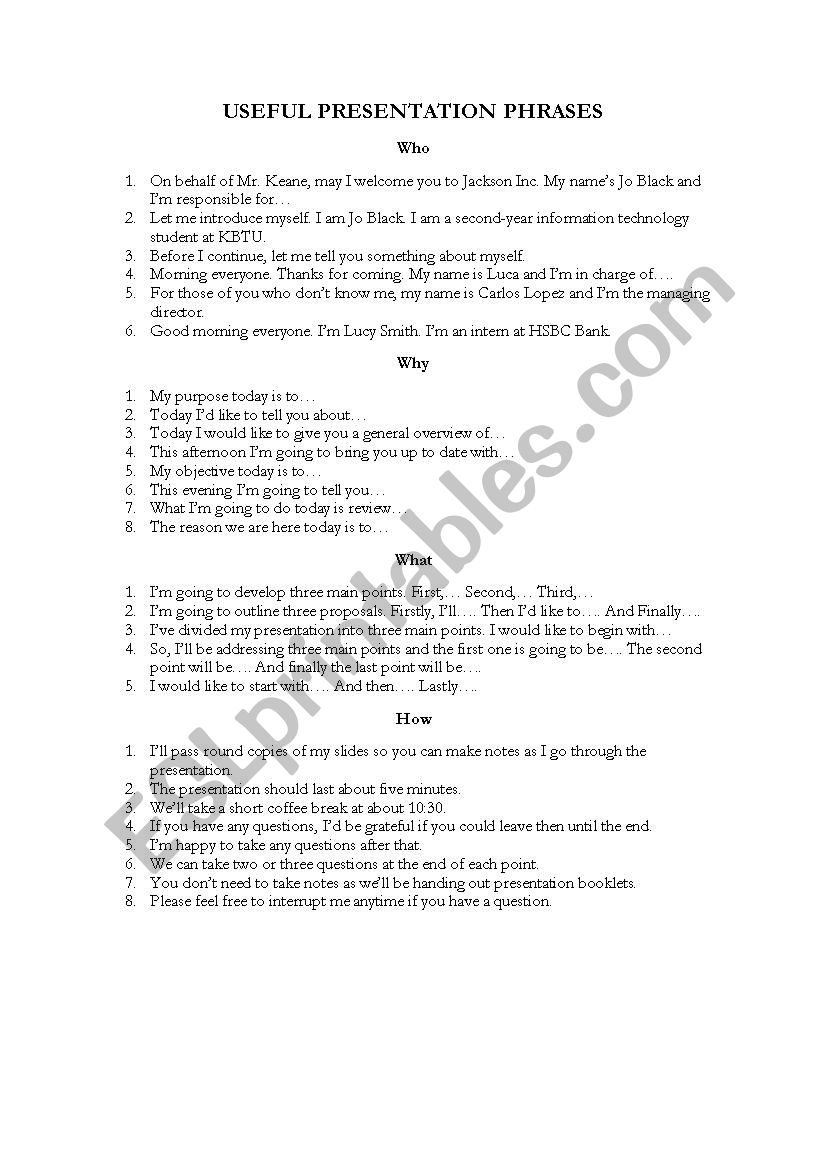 Useful Presentation Phrases worksheet