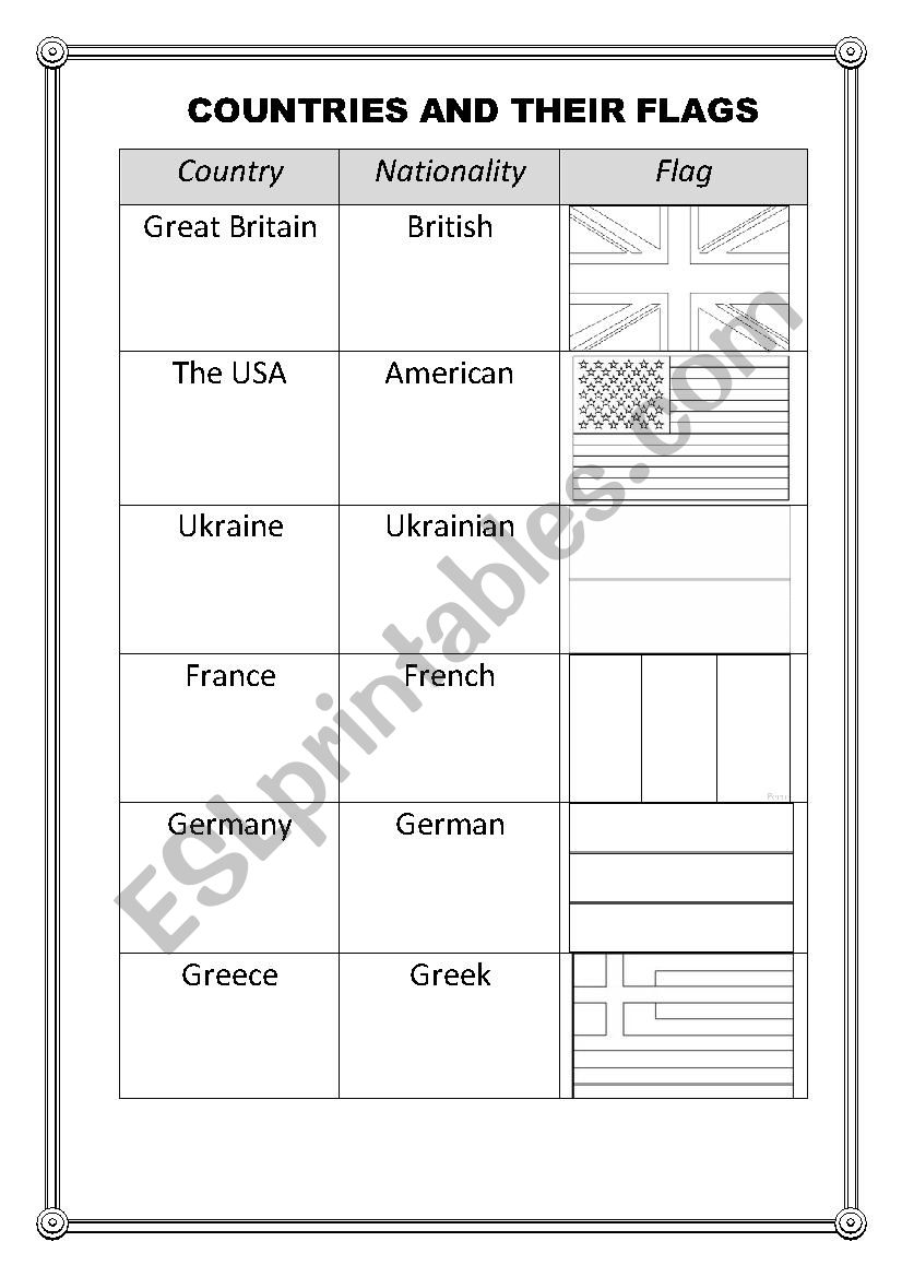 Countries and their flags worksheet