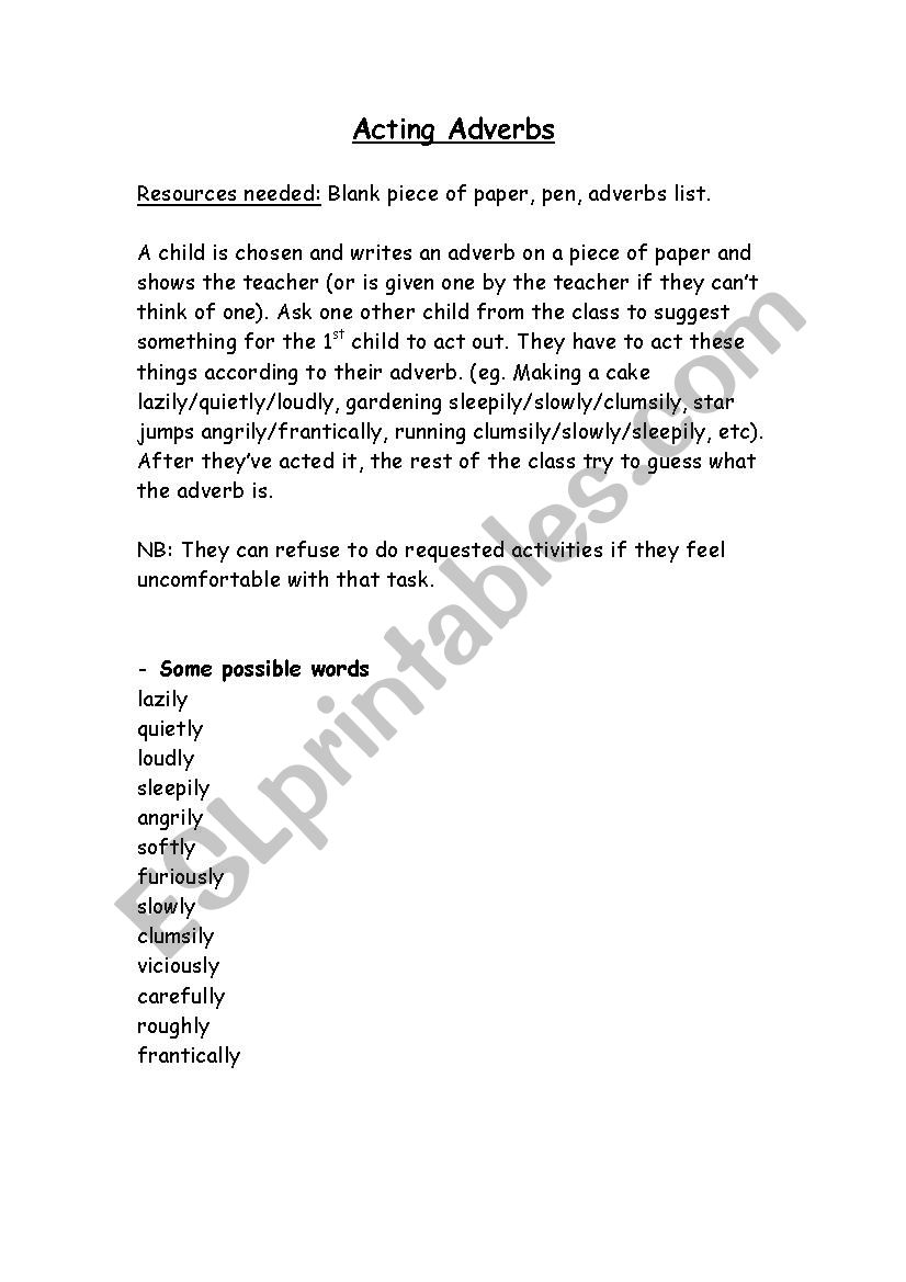 Acting Adverbs Game worksheet