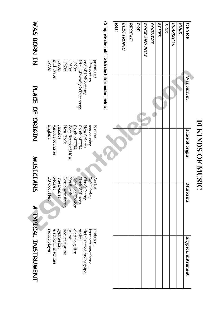 10 KINDS OF MUSIC worksheet