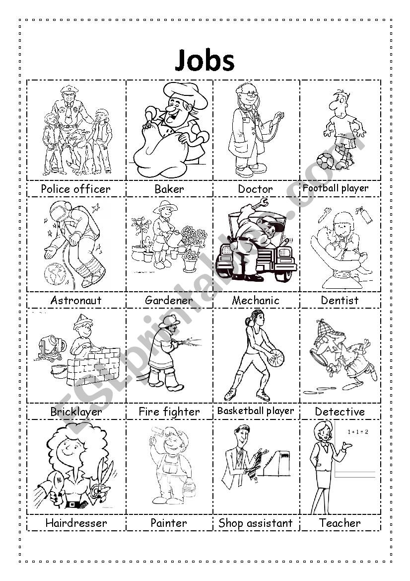 Jobs pictionary b/w worksheet