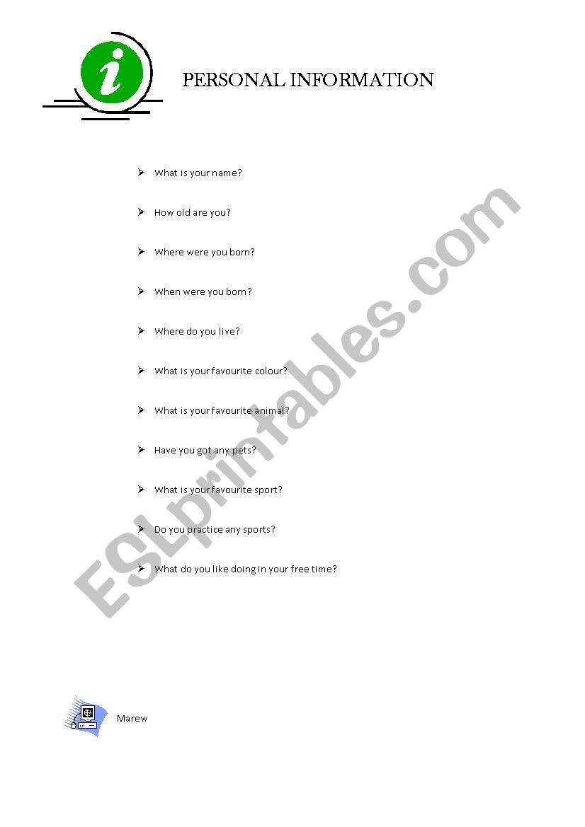 Personal Information worksheet