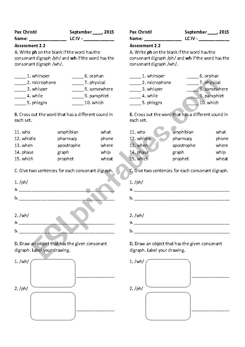 CONSONANT DIGRAPH PH AND WH worksheet