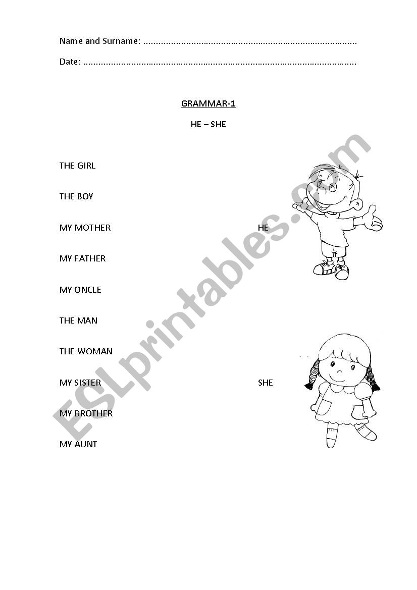 He and She Pronouns worksheet
