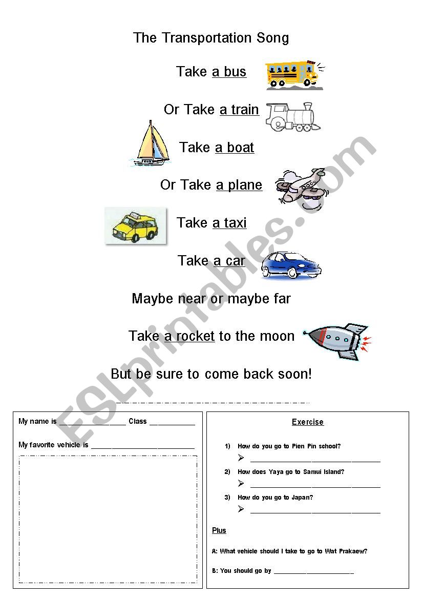 Transportation Song Worksheet worksheet