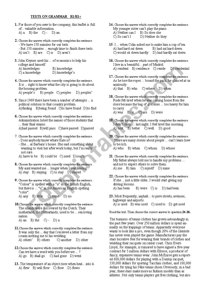 Grammar test B1,B1+ worksheet