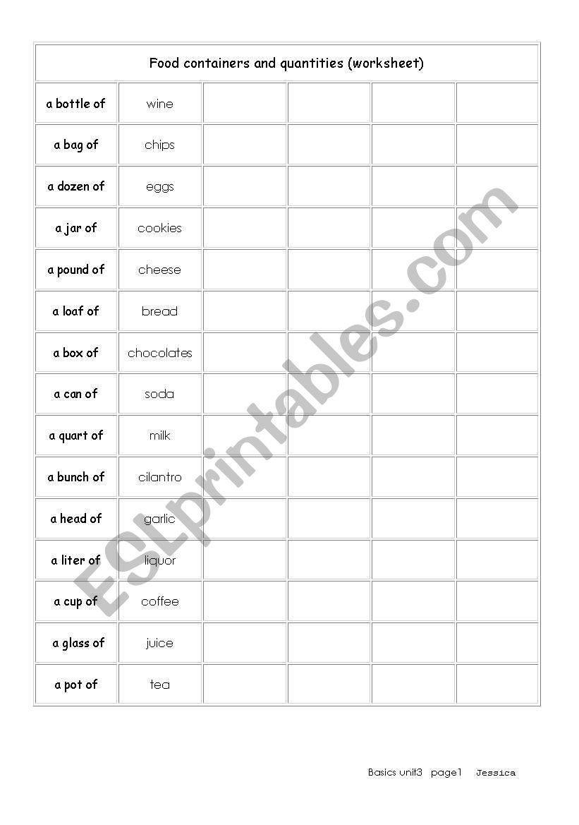 Food Quantifiers worksheet