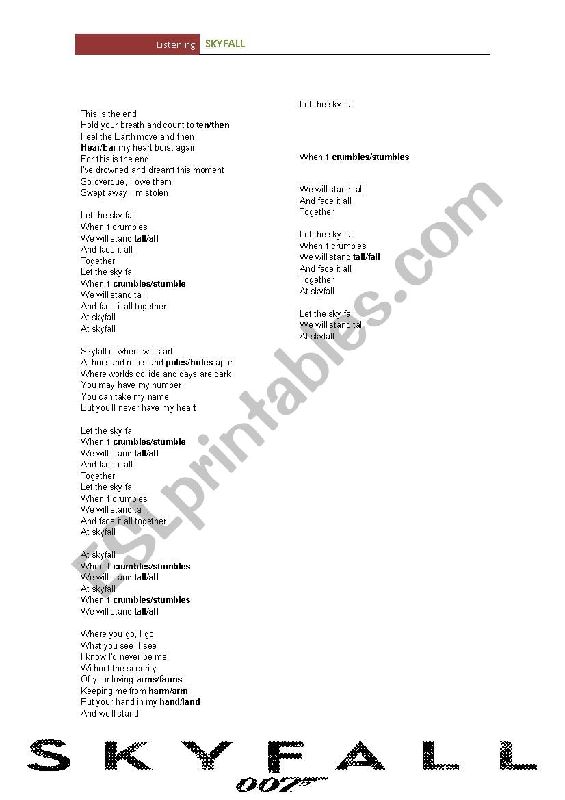 Skyfall - Adele worksheet